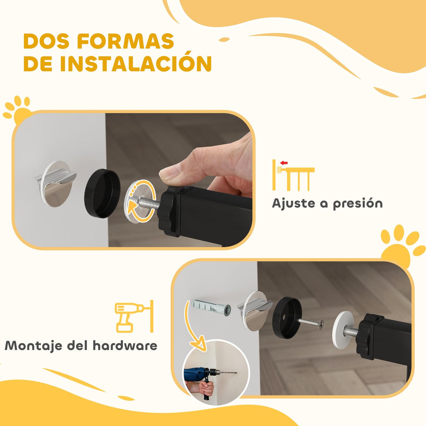 PawHut Barrera para Perros Puerta para Perros con Ancho Ajustable 76-104 cm Barrera de Seguridad para Perros con 2 Extensiones y Doble Bloqueo para Escaleras y Puertas Negro