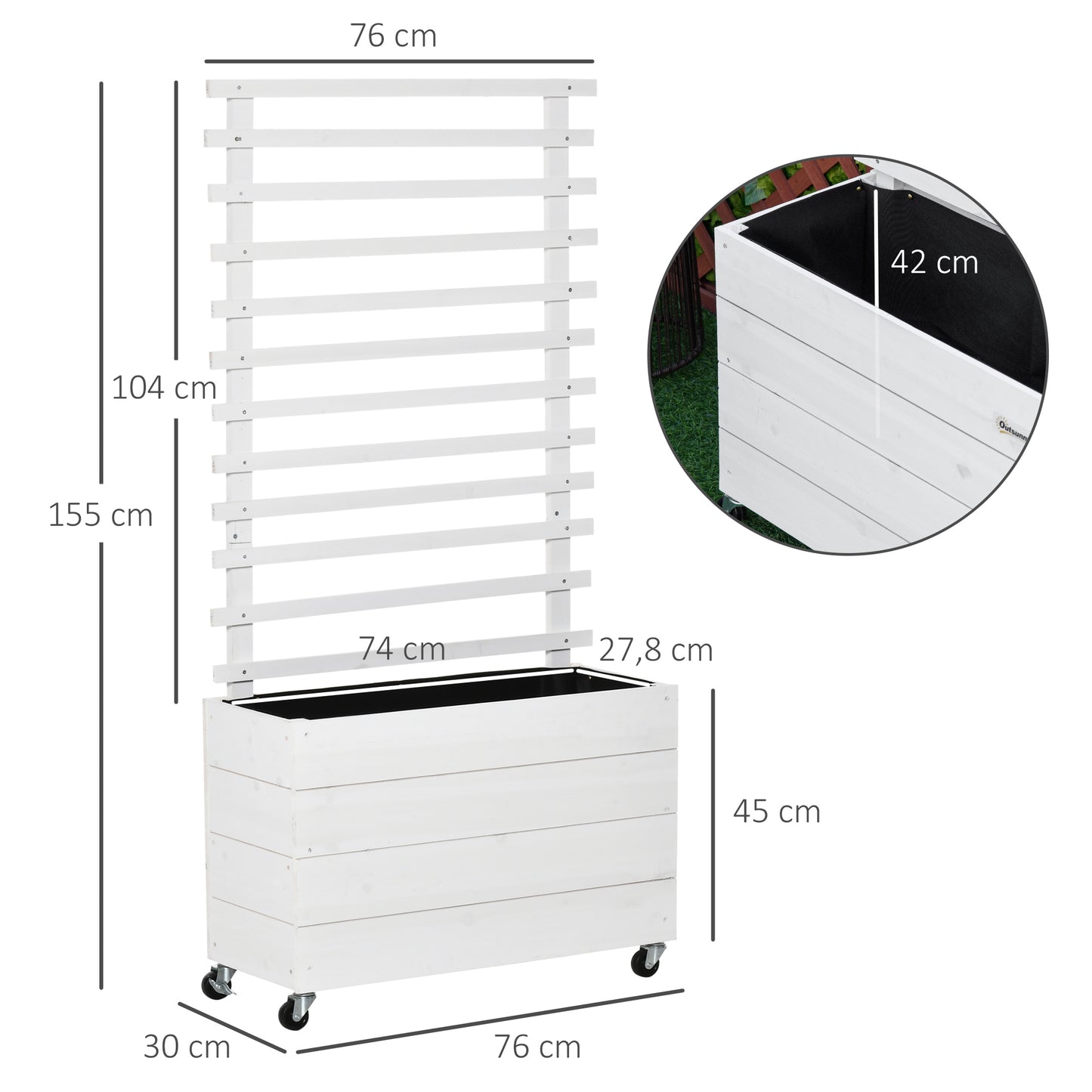 Outsunny Jardinera con Enrejado de Madera Maciza con 4 Ruedas Macetero de Jardín con Soporte para Trepadora y Tela Geotextil para Cultivos Plantas Flores 76x30x155 cm Blanco