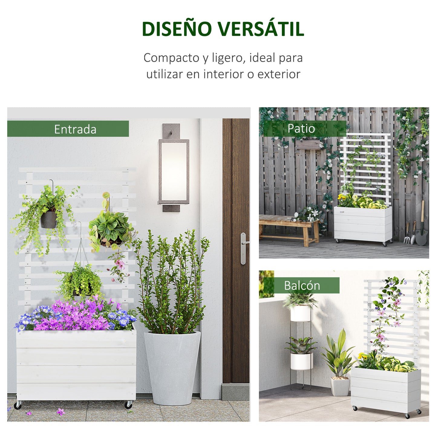 Outsunny Jardinera con Enrejado de Madera Maciza con 4 Ruedas Macetero de Jardín con Soporte para Trepadora y Tela Geotextil para Cultivos Plantas Flores 76x30x155 cm Blanco