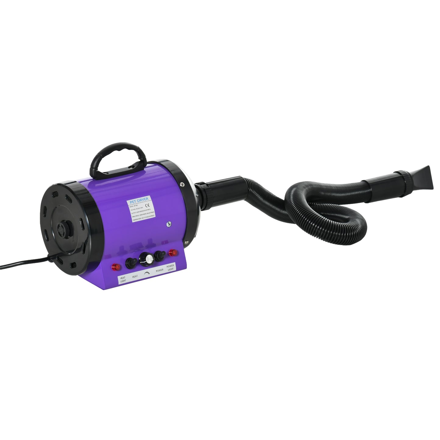 PawHut Secador de Pelo para Perros 2800W Secador para Mascotas con Temperatura y Velocidad del Viento Ajustable 3 Boquillas Tubo Flexible 2,1 m y Asa Portátil 40x16x20 cm Negro y Púrpura