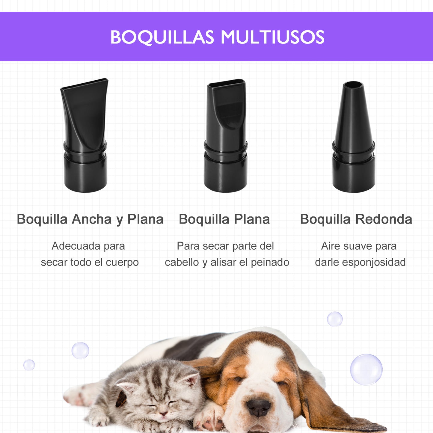 PawHut Secador de Pelo para Perros 2800W Secador para Mascotas con Temperatura y Velocidad del Viento Ajustable 3 Boquillas Tubo Flexible 2,1 m y Asa Portátil 40x16x20 cm Negro y Púrpura