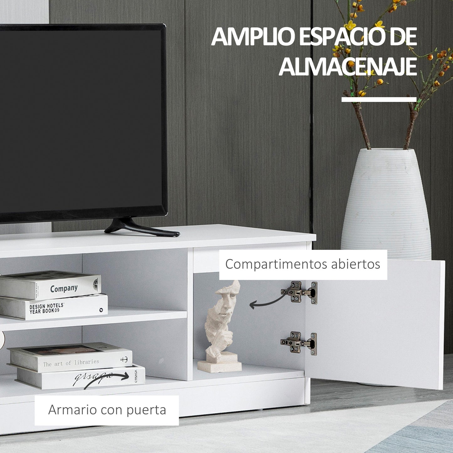 HOMCOM Mueble de TV Moderno Mesa de TV de Salón con 2 Puertas 2 Estantes Abiertos Mueble para Televisores de 55 Pulgadas 120x39,5x40 cm Blanco