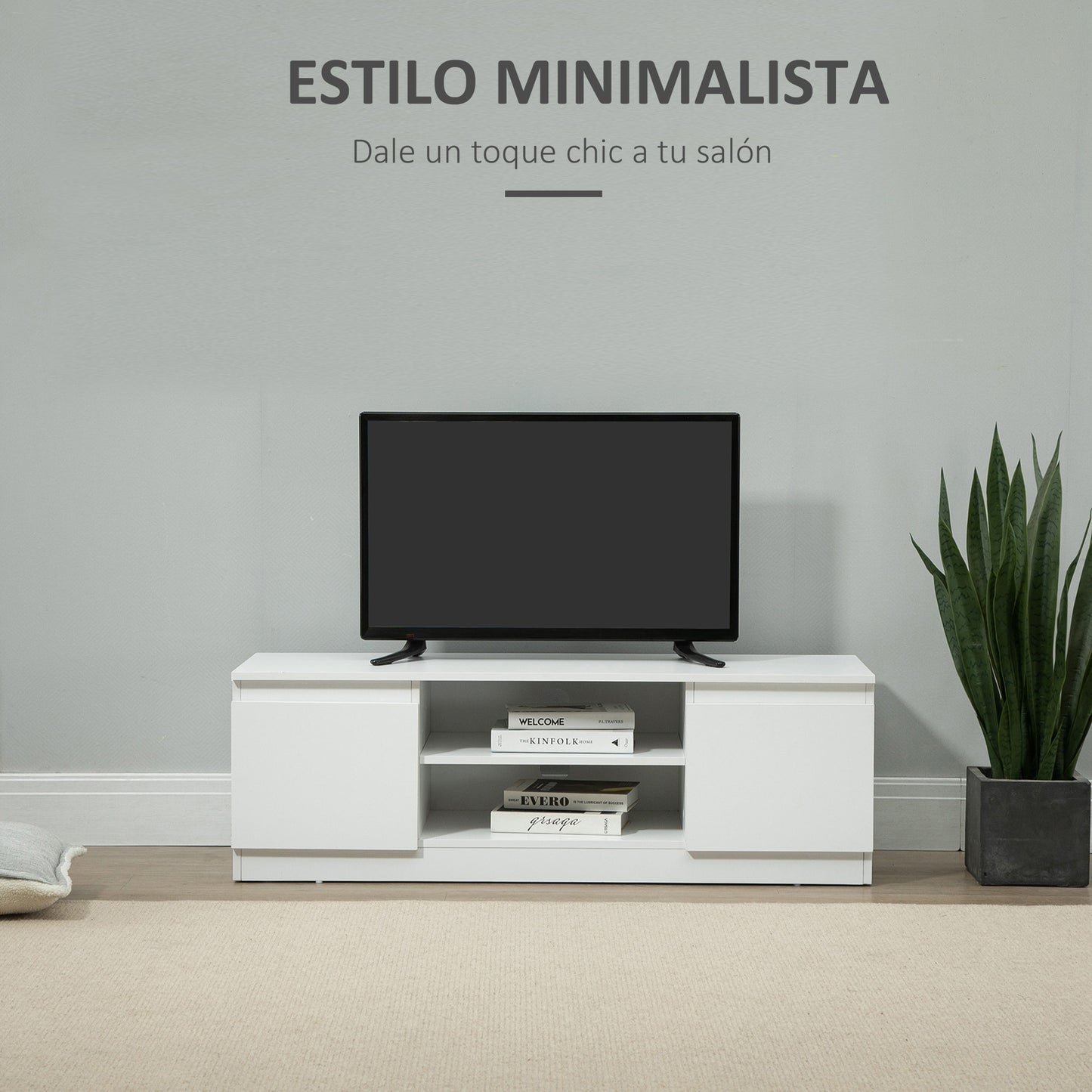 HOMCOM Mueble de TV Moderno Mesa de TV de Salón con 2 Puertas 2 Estantes Abiertos Mueble para Televisores de 55 Pulgadas 120x39,5x40 cm Blanco