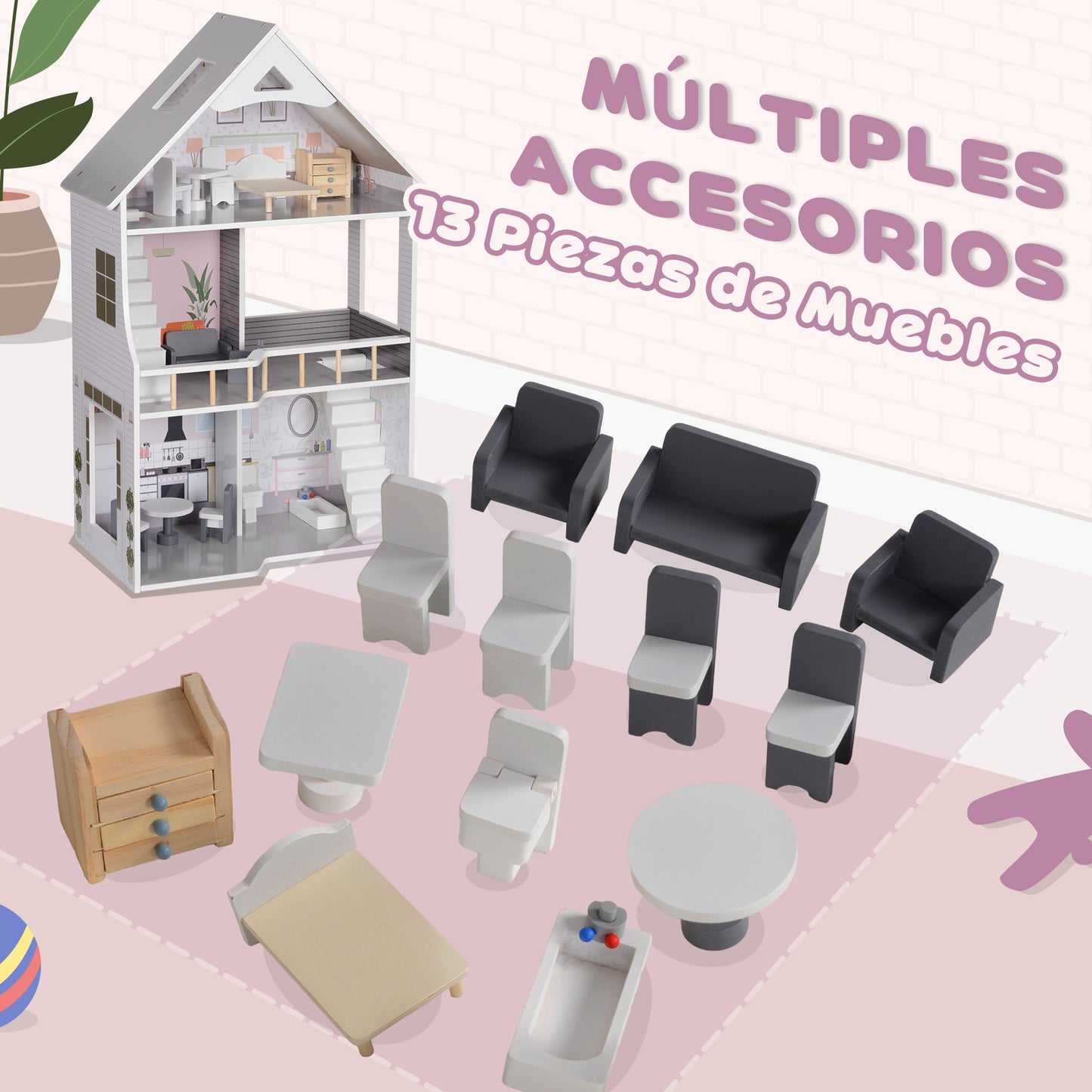 AIYAPLAY Casa de Muñecas con Muebles y 13 Accesorios Casa de Muñecas de Madera de 3 Pisos Juguete para Niños y Niñas a Partir de 3 Años Gris