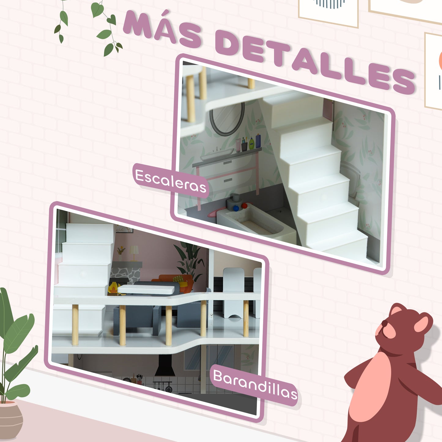 AIYAPLAY Casa de Muñecas con Muebles y 13 Accesorios Casa de Muñecas de Madera de 3 Pisos Juguete para Niños y Niñas a Partir de 3 Años Gris