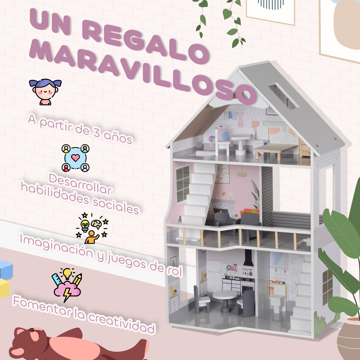 AIYAPLAY Casa de Muñecas con Muebles y 13 Accesorios Casa de Muñecas de Madera de 3 Pisos Juguete para Niños y Niñas a Partir de 3 Años Gris