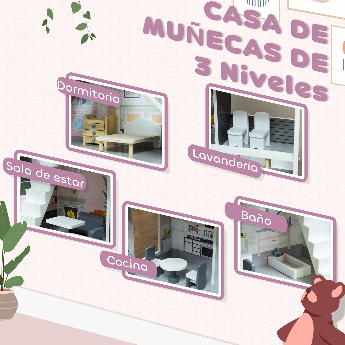 AIYAPLAY Casa de Muñecas con Muebles y 13 Accesorios Casa de Muñecas de Madera de 3 Pisos Juguete para Niños y Niñas a Partir de 3 Años Gris