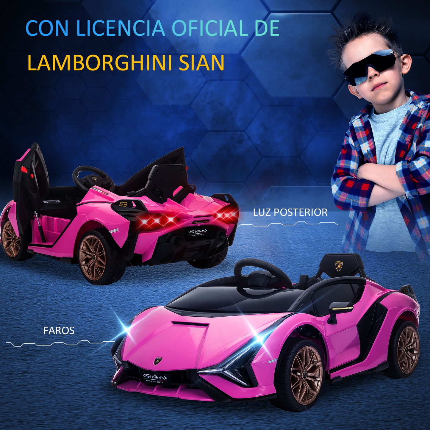 HOMCOM Coche Eléctrico Lamborghini SIAN 12V para Niños de +3 Años con Mando a Distancia Apertura de Puerta Música MP3 USB y Faros 3-5 km/h 108x62x40 cm Rosa