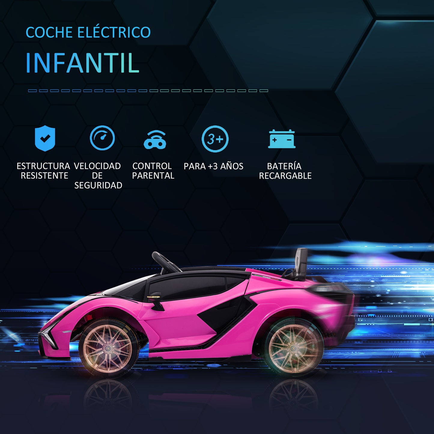 HOMCOM Coche Eléctrico Lamborghini SIAN 12V para Niños de +3 Años con Mando a Distancia Apertura de Puerta Música MP3 USB y Faros 3-5 km/h 108x62x40 cm Rosa