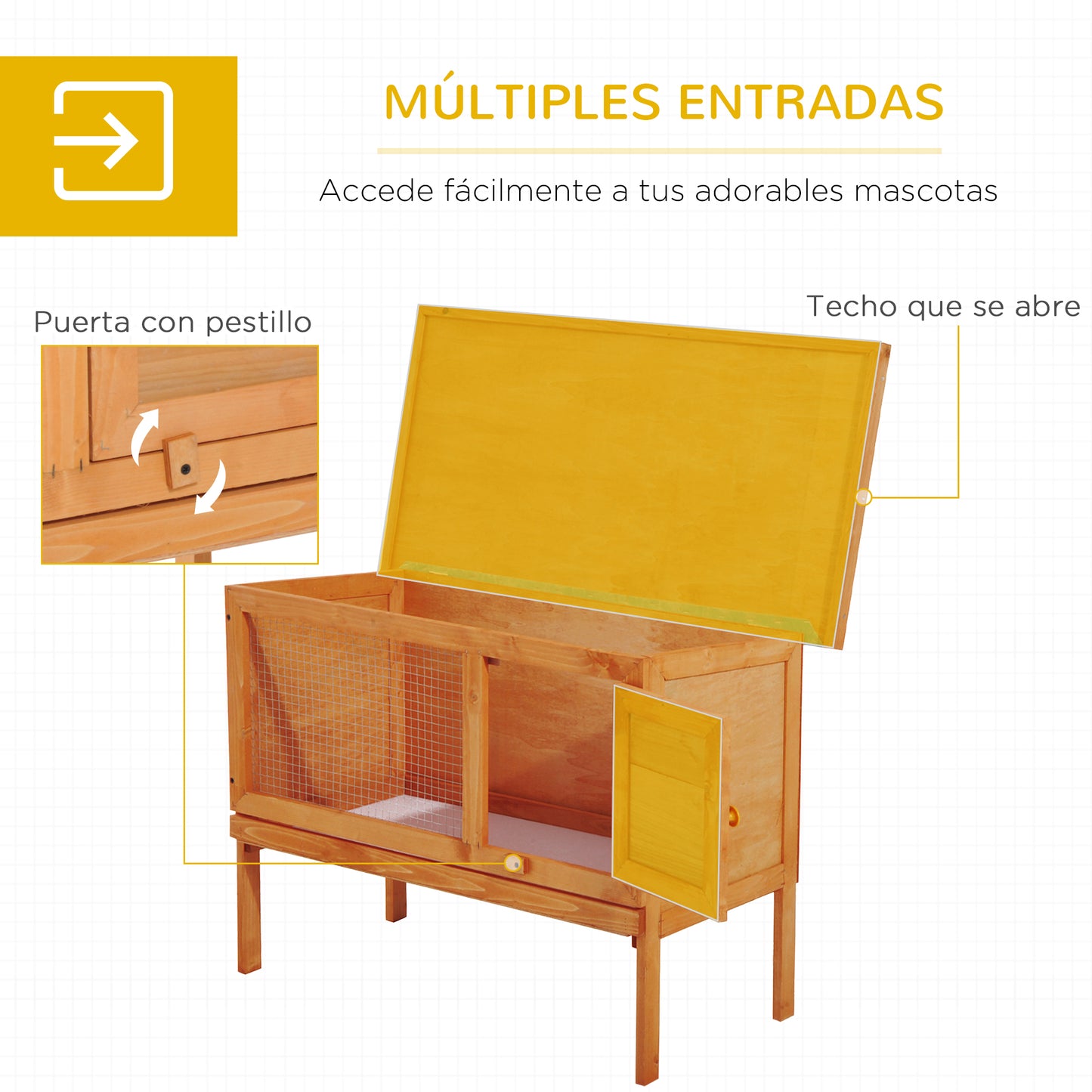 PawHut Casa para Conejos Exterior Conejera Grande de Patas Elevadas con Bandeja Extraíble Fácil de Limpiar Estable Buena Ventilación 90x45x65cm Color Madera