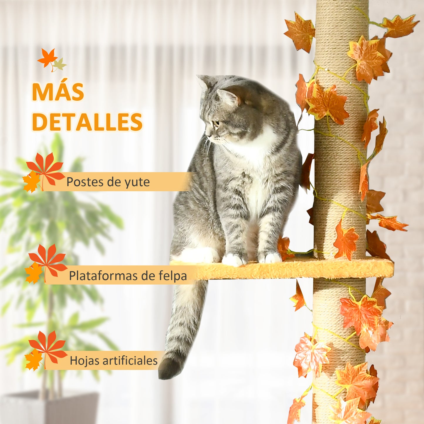 Pawhut Árbol para Gatos de Suelo a Techo de 202-242 cm Torre para Gatos con 3 Plataformas Postes Rascadores Altura Ajustable y Decoración de Hoja de Arce Naranja