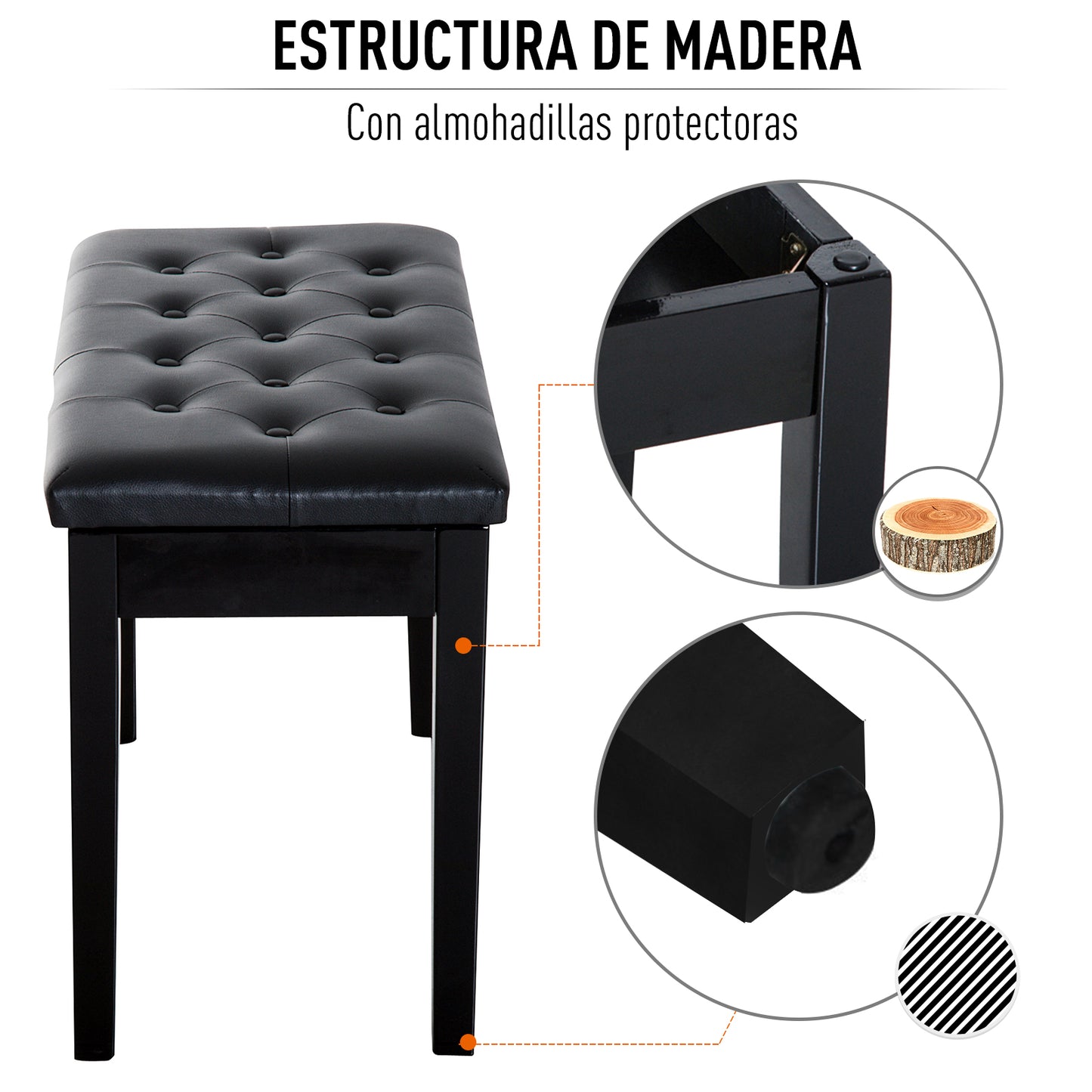 HOMCOM Taburete de Piano Banco de Teclado con Espacio de Almacenamiento Bajo del Asiento de Cuero Sintético 75x35x50 cm Negro