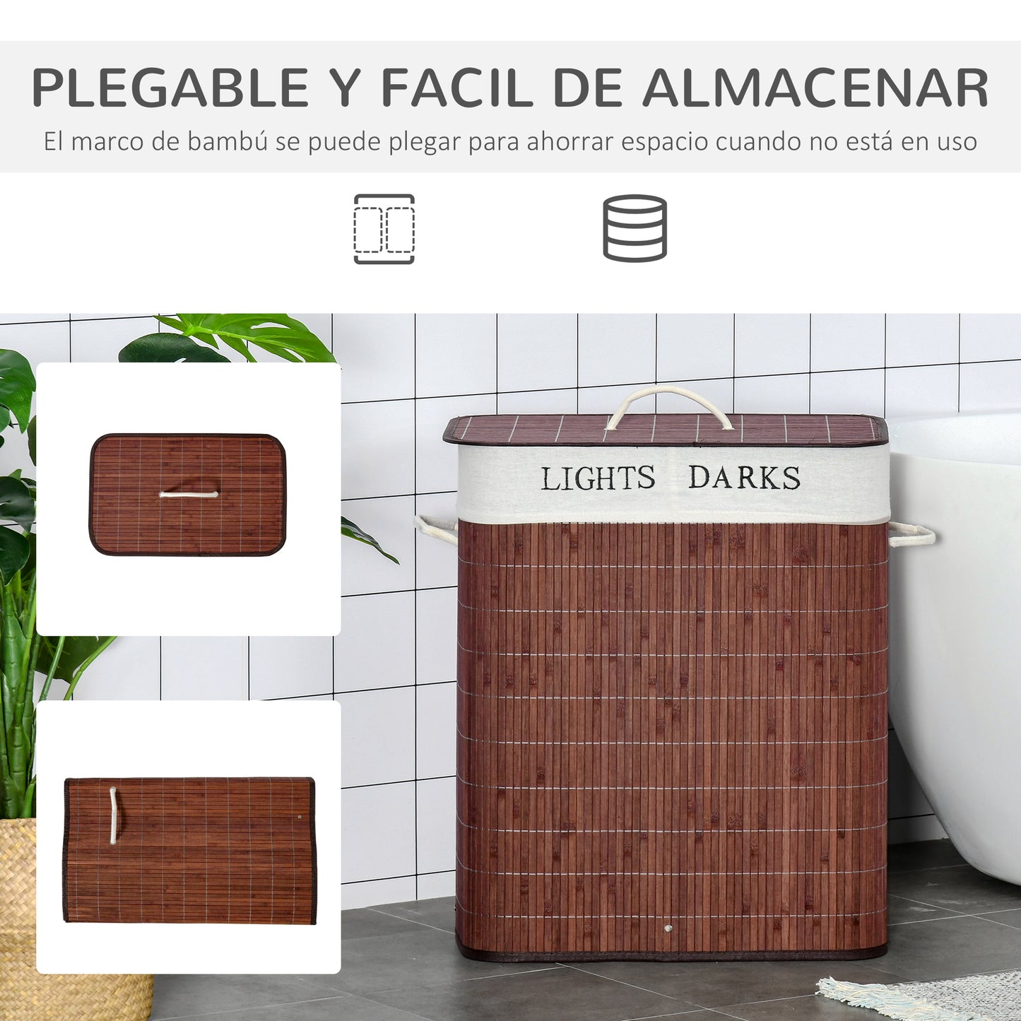 HOMCOM Cesto para Ropa Sucia de Bambú Capacidad de 100L Cesta para la Colada Rectangular con Tapa Extraíble Bolsa de 2 Compartimentos 52x32x63 cm Marrón