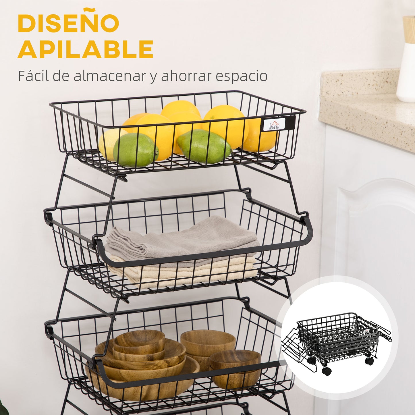 HOMCOM Cesta de Frutas con Ruedas de 4 Niveles Carrito de Almacenamiento de Acero Apilable Cesta de Verduras para Cocina Salón Dormitorio 40x28x97 cm Negro