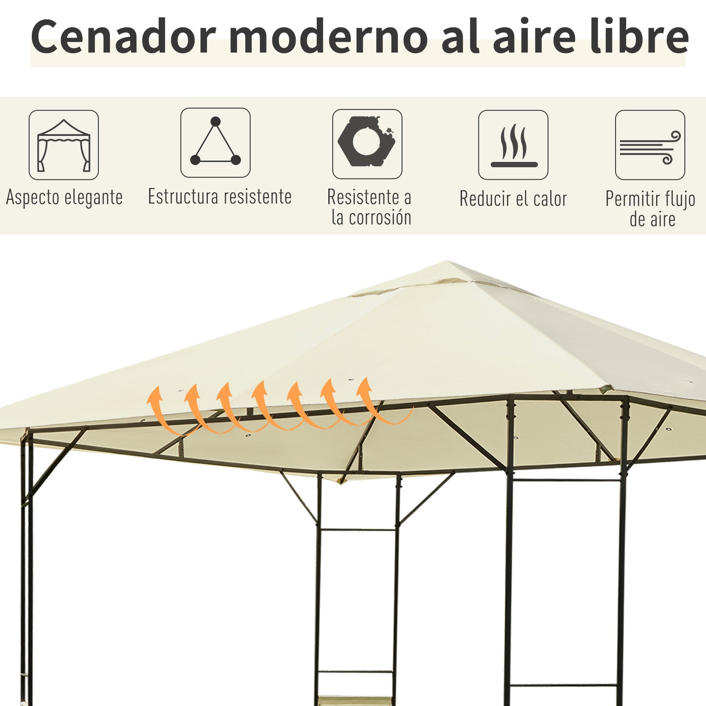 Outsunny Cenador de Jardín 3x3x2,6 m Pabellón de Exterior Gazebo con Marco de Acero y 8 Orificios de Drenaje Impermeable para Patio Crema