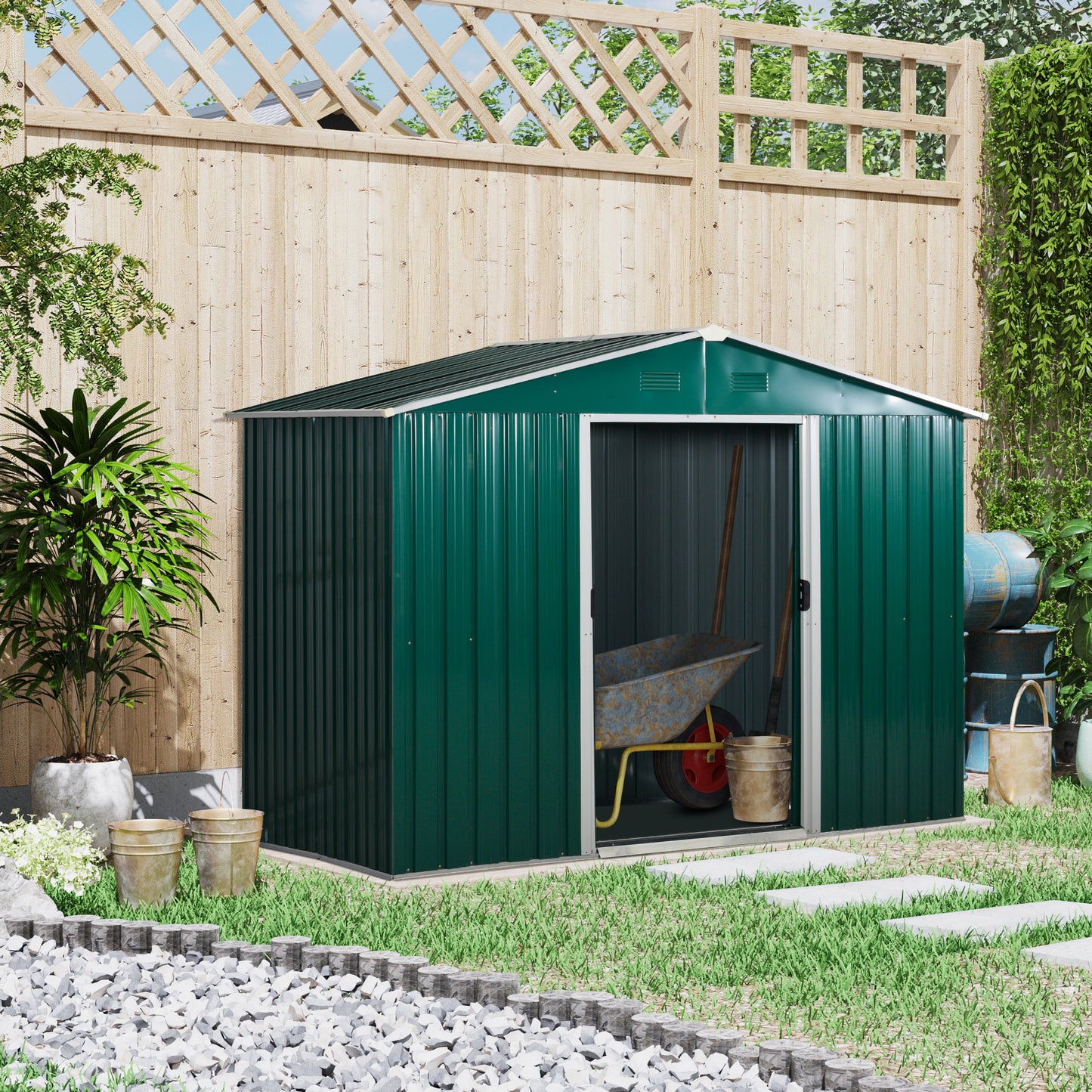 Outsunny Caseta de Jardín de 3,6 m² 236x174x190 cm Cobertizo Exterior de Metálico para Almacenar Herramientas con Puertas Correderas y 4 Ventanas para Terraza Patio Verde