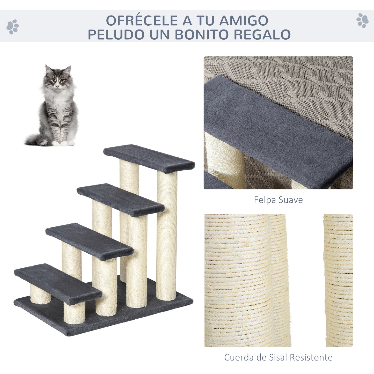 PawHut Escalera para Mascotas 60x42x61 cm Escalera para Gatos Perros Mayores Enfermos Pequeños Cubierta Suave de Peluche Rascador de Sisal Estable 4 Pasos Gris