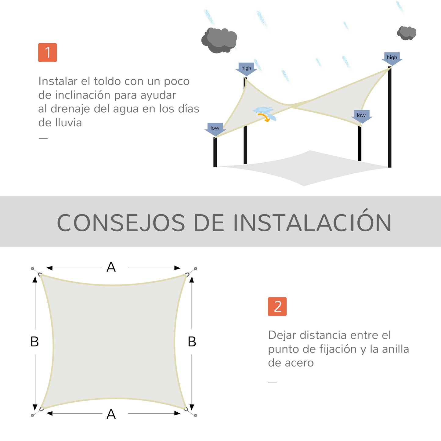 Outsunny Toldo Vela de Sombra Cuadrado 3x3 m Toldo de Terraza de Poliéster con Anillo de Acero Inoxidable y Cuerdas para Jardín Patio Crema