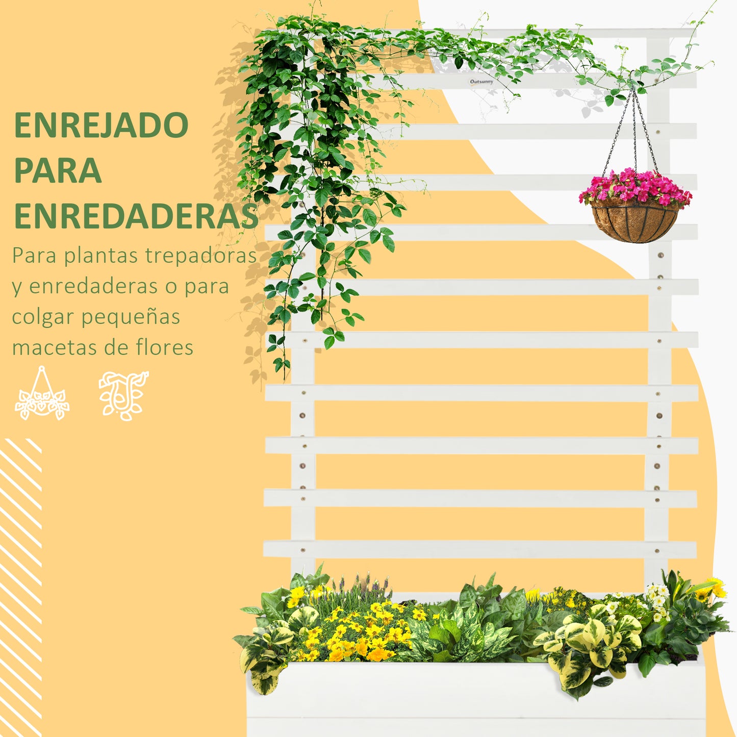 Outsunny Jardinera con Enrejado de Madera Maciza con 4 Ruedas Macetero de Jardín con Soporte para Trepadora y Tela Geotextil para Cultivos Plantas Flores en Exterior 76x30x155 cm Blanco