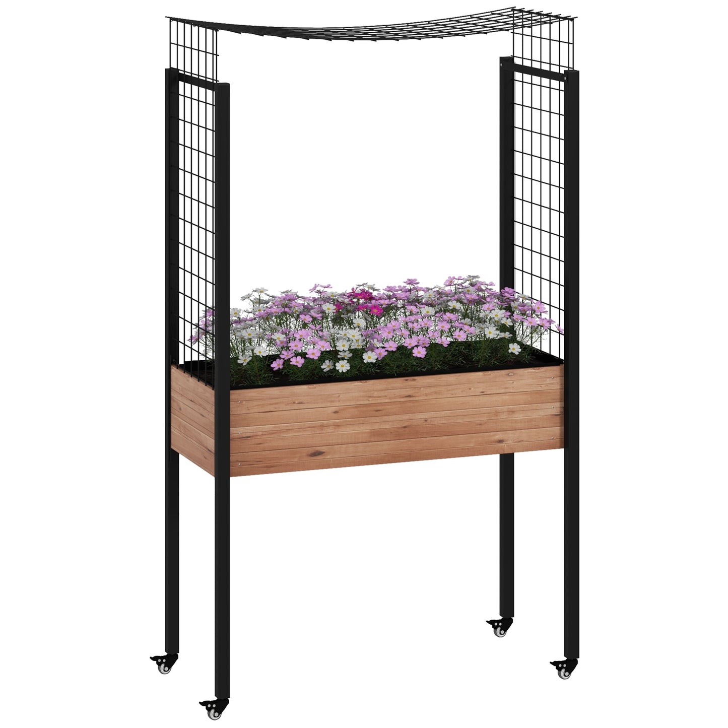 Outsunny Mesa de Cultivo con Ruedas Huerto Urbano Elevado con Enrejado Orificios de Drenaje para Plantas Trepadoras Flores Jardinera de Madera 110x49x190 cm Marrón