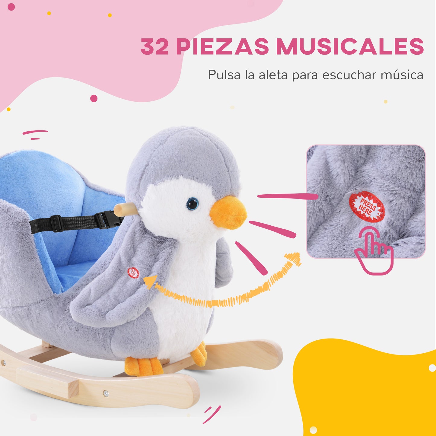 HOMCOM Caballito Balancín para Bebés de +18 Meses Forma de Pingüino Caballo Balancín de Madera con Músicas Asas y Cinturón de Seguridad Carga 40 kg 60x33x50 cm Gris