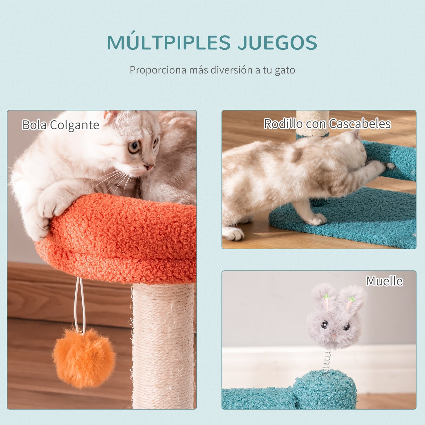 PawHut Rascador para Gatos Pequeño con Cama Extraíble Rodillo con Cascabeles Poste de Rascador de Sisal Bola Colgante y Juguete 37x25x45 cm Naranja y Azul