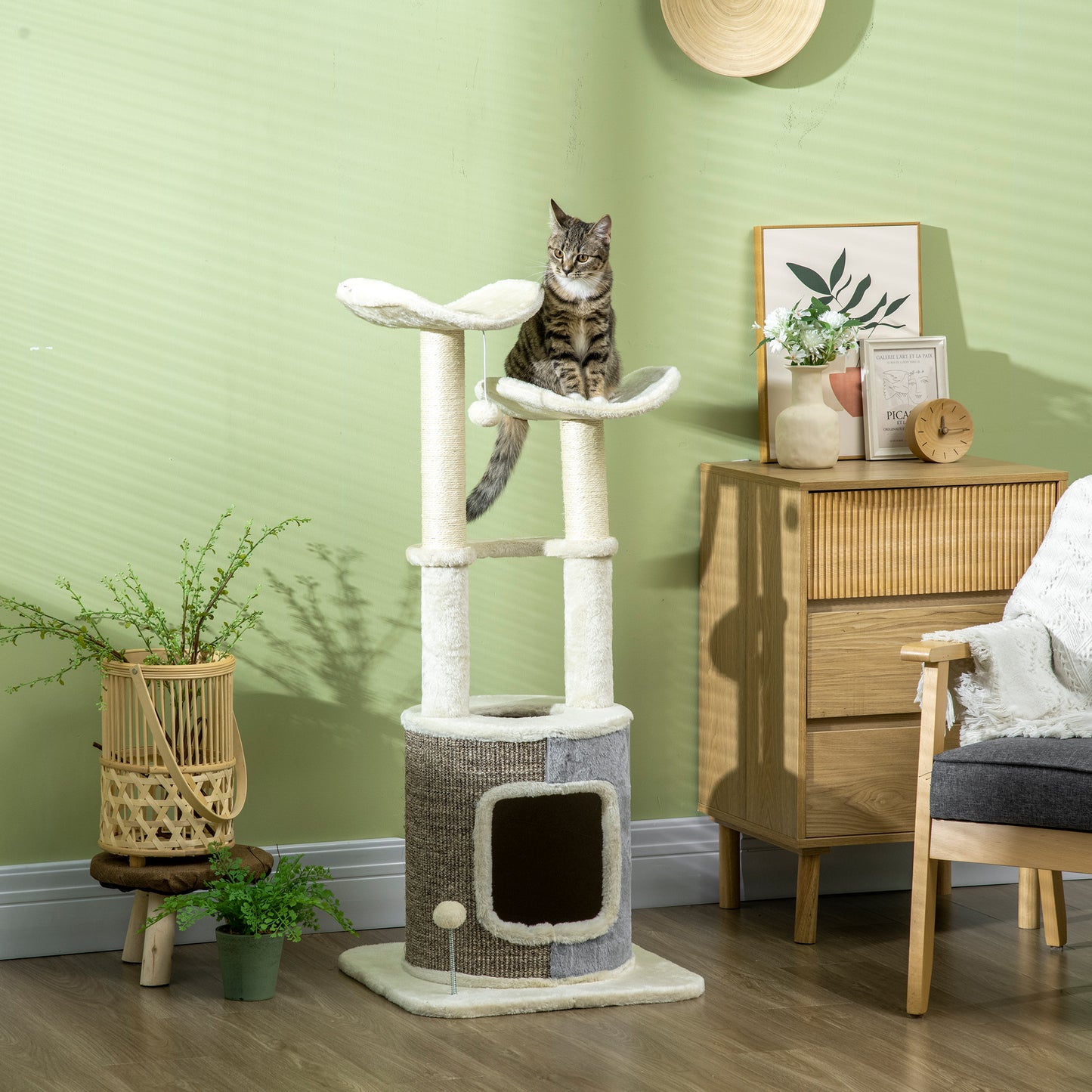 PawHut Árbol Rascador para Gatos Torre para Gatos Altura 110 cm con Caseta de Felpa Plataformas Postes de Sisal y Pelotas de Juguete 48x48x110 cm Crema y Gris