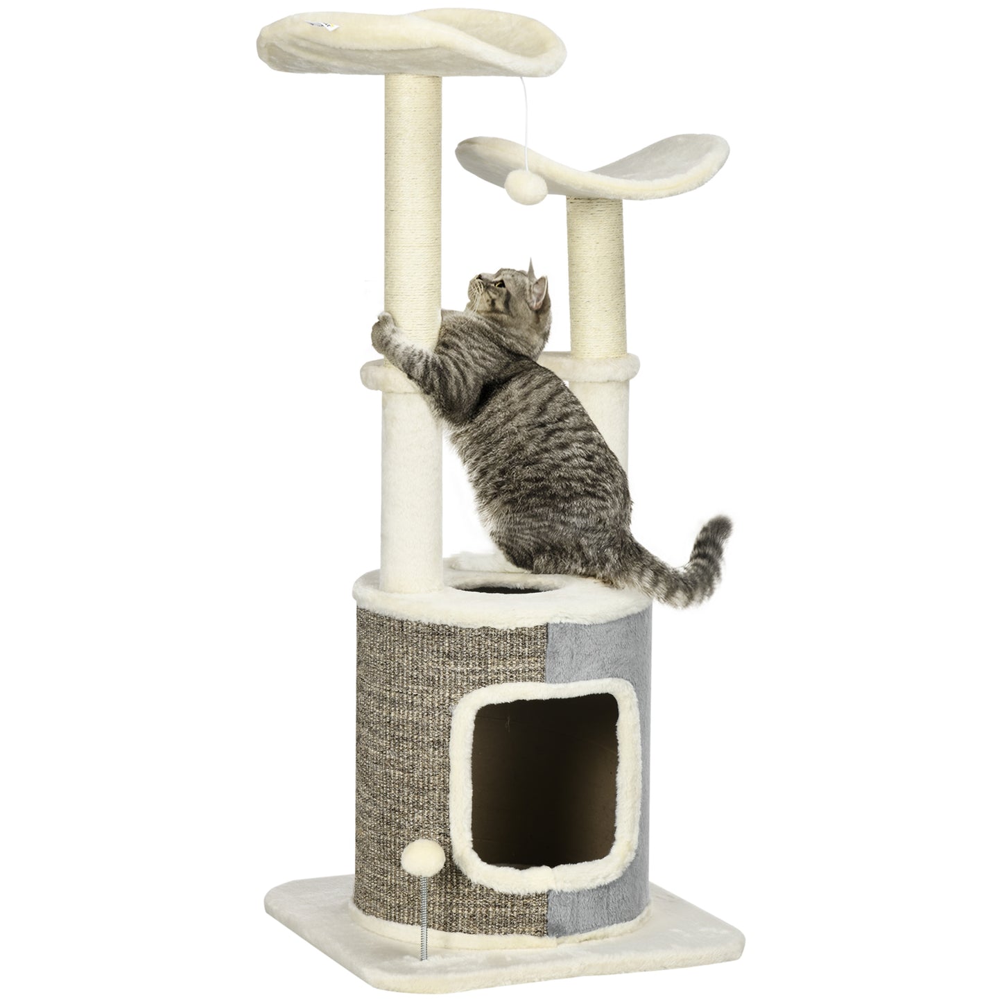 PawHut Árbol Rascador para Gatos Torre para Gatos Altura 110 cm con Caseta de Felpa Plataformas Postes de Sisal y Pelotas de Juguete 48x48x110 cm Crema y Gris