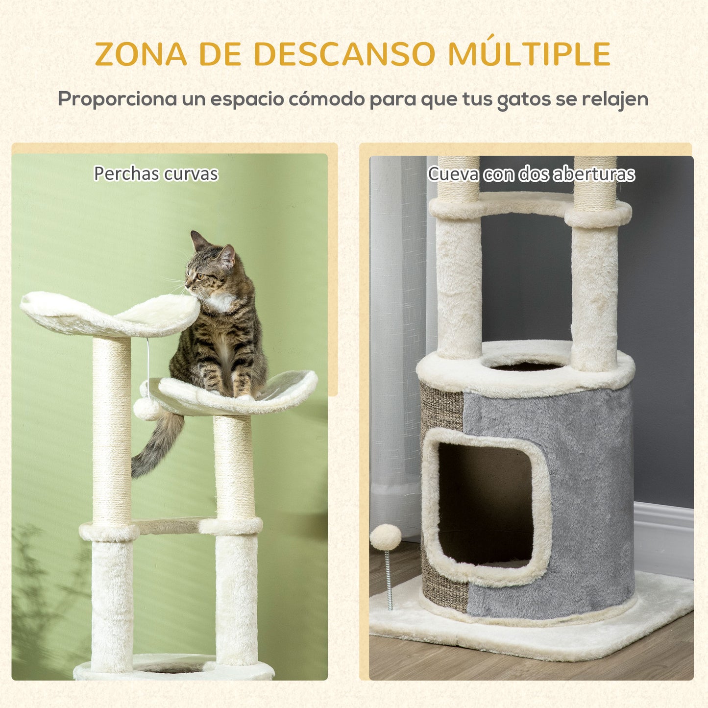 PawHut Árbol Rascador para Gatos Torre para Gatos Altura 110 cm con Caseta de Felpa Plataformas Postes de Sisal y Pelotas de Juguete 48x48x110 cm Crema y Gris