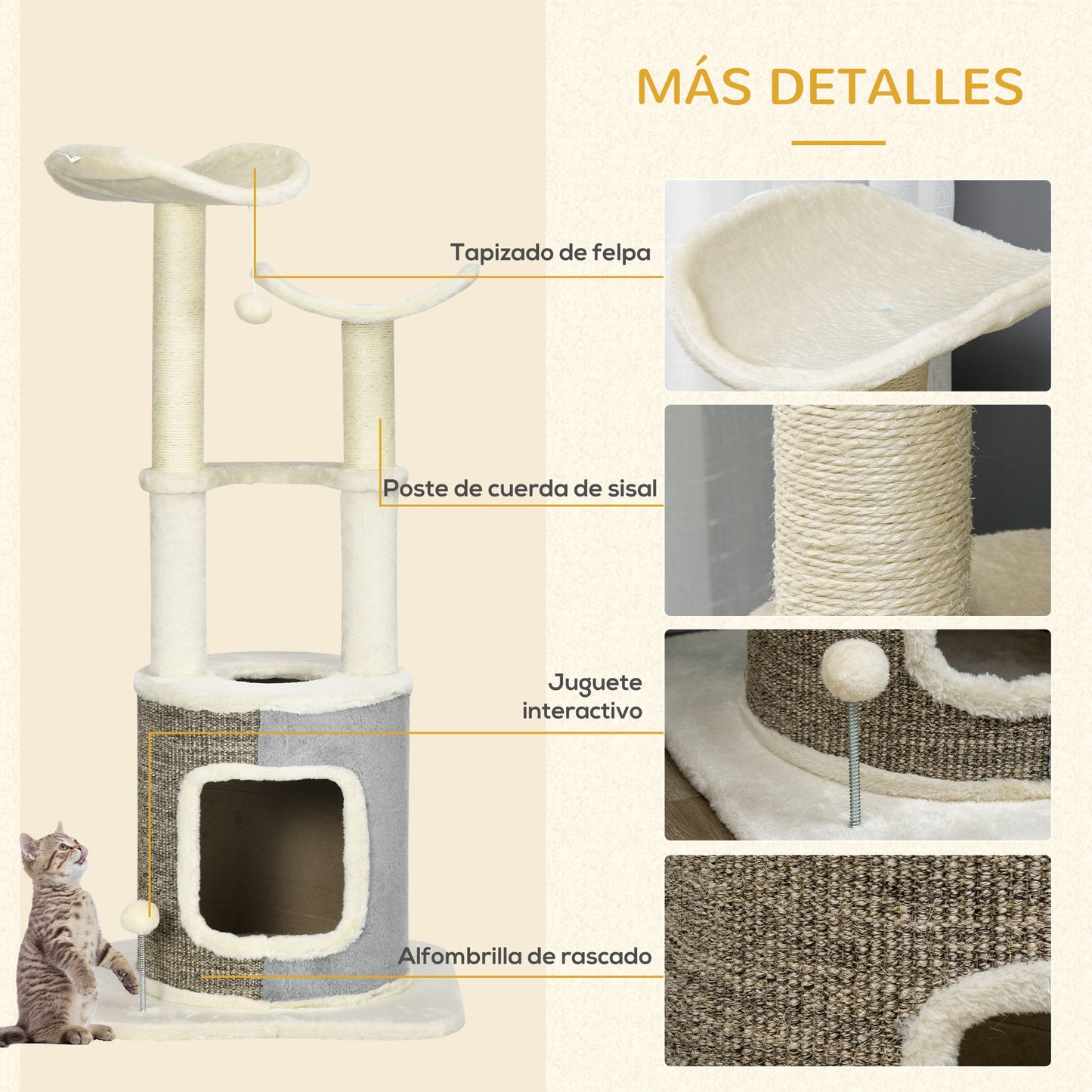 PawHut Árbol Rascador para Gatos Torre para Gatos Altura 110 cm con Caseta de Felpa Plataformas Postes de Sisal y Pelotas de Juguete 48x48x110 cm Crema y Gris