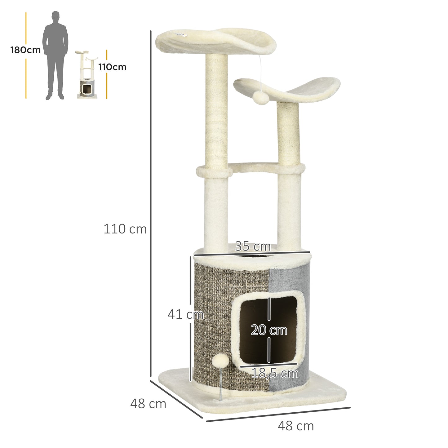 PawHut Árbol Rascador para Gatos Torre para Gatos Altura 110 cm con Caseta de Felpa Plataformas Postes de Sisal y Pelotas de Juguete 48x48x110 cm Crema y Gris