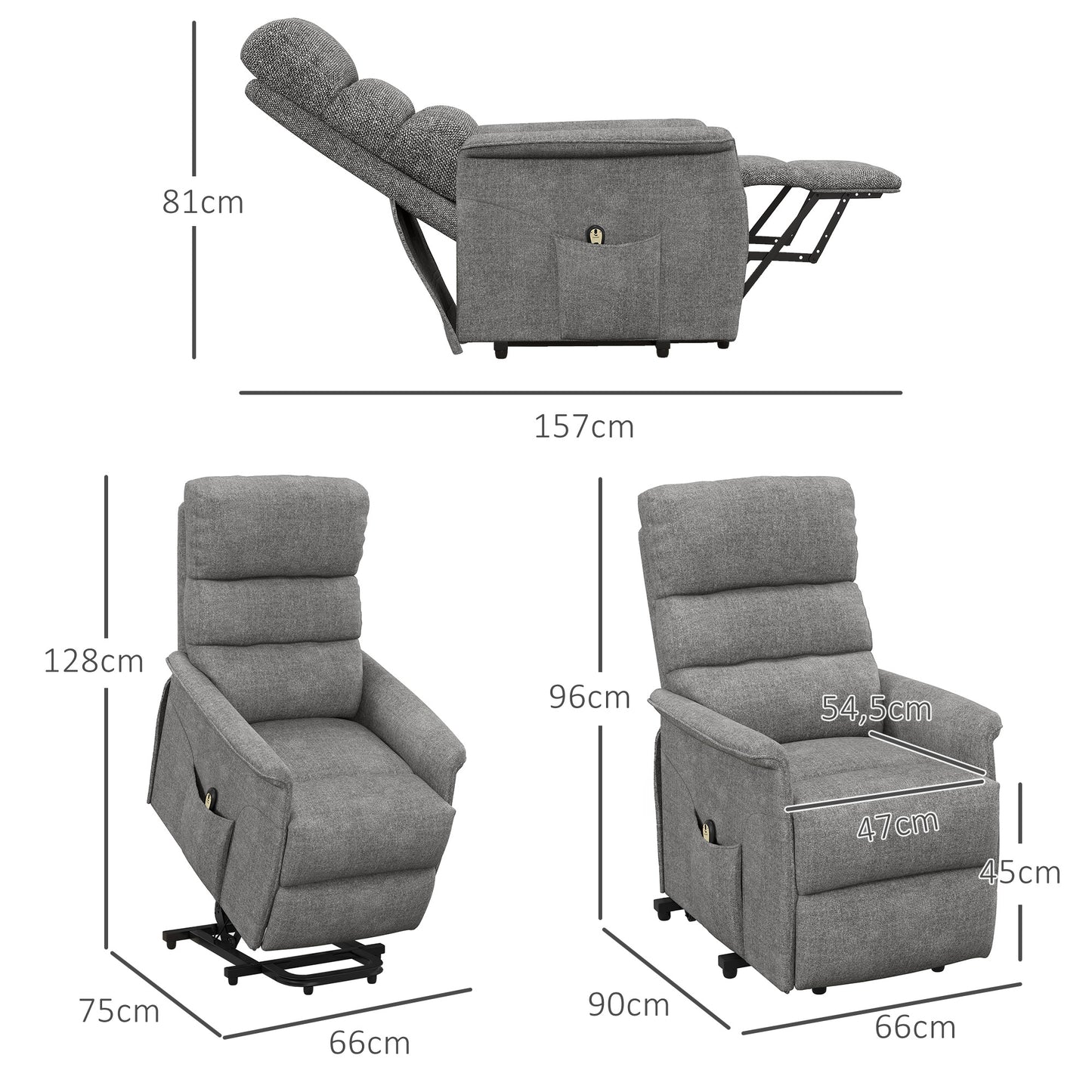 HOMCOM Sillón Relax Reclinable Eléctrico Sillón Levanta Personas con Mando a Distancia y Bolsillo Lateral Sillón Elevador para Salón Dormitorio Gris