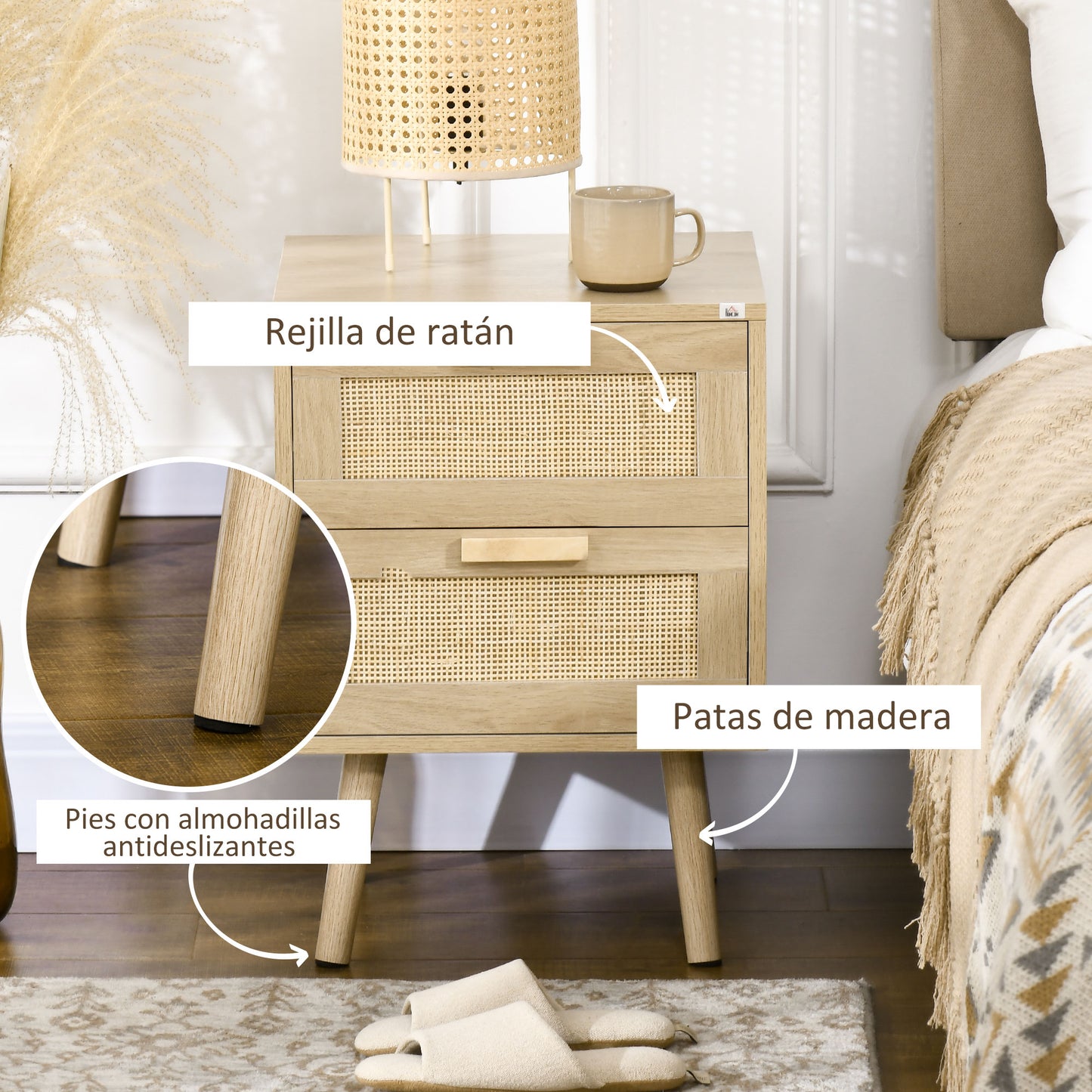 HOMCOM Conjunto para el Hogar Incluye 1 Mesita de Noche 1 Cómoda con 3 Cajones y 1 Cómoda con 4 Cajones de Rejilla de Ratán Estilo Bohemio Natural