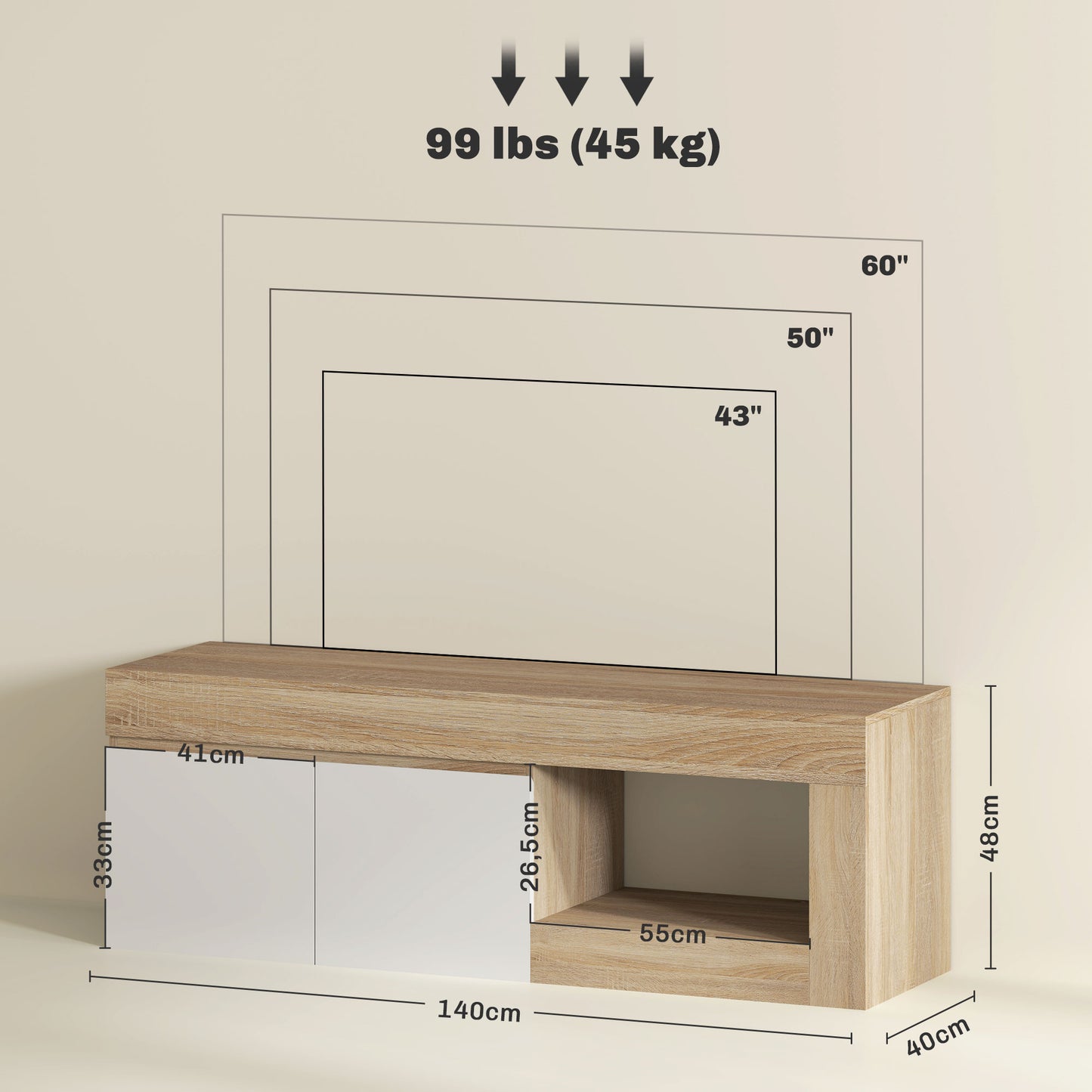 HOMCOM Mueble de TV Mesa de TV con 2 Puertas Estante Abierto Mueble de TV para Salón para Televisores de 60 Pulgadas Blanco y Natural