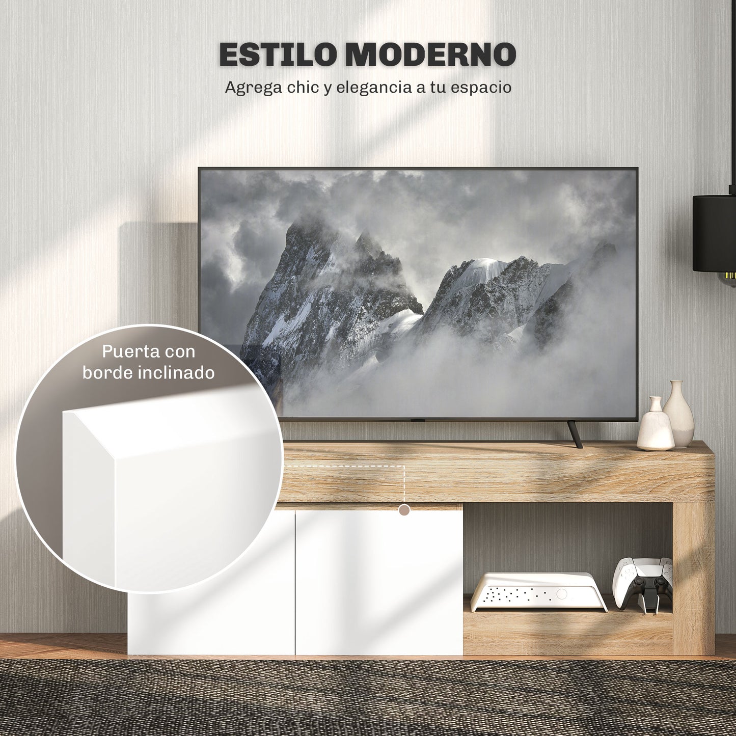 HOMCOM Mueble de TV Mesa de TV con 2 Puertas Estante Abierto Mueble de TV para Salón para Televisores de 60 Pulgadas Blanco y Natural