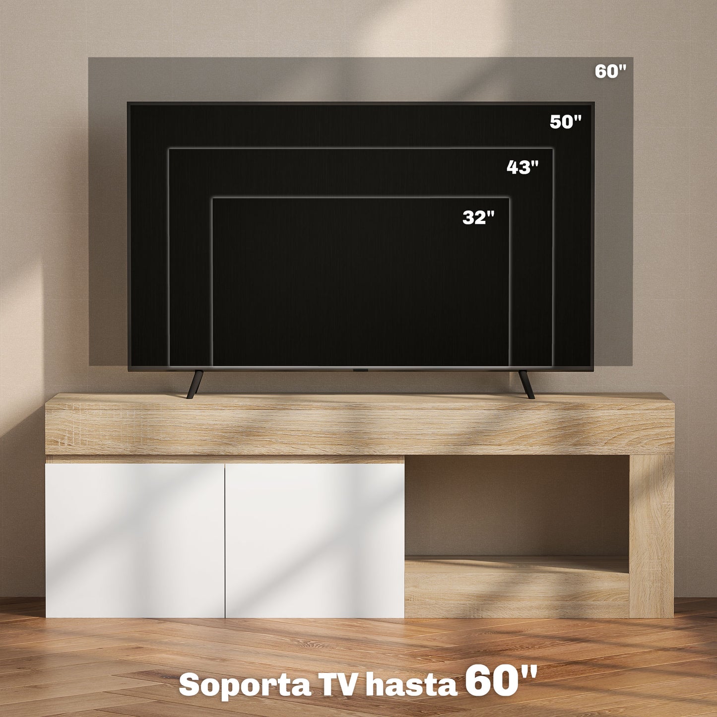 HOMCOM Mueble de TV Mesa de TV con 2 Puertas Estante Abierto Mueble de TV para Salón para Televisores de 60 Pulgadas Blanco y Natural