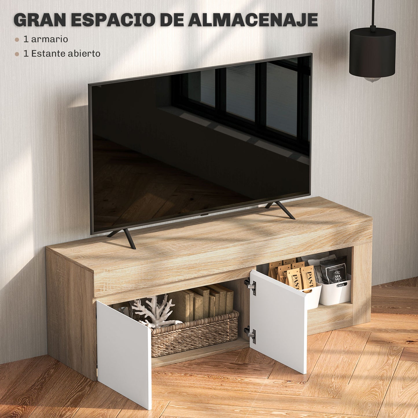 HOMCOM Mueble de TV Mesa de TV con 2 Puertas Estante Abierto Mueble de TV para Salón para Televisores de 60 Pulgadas Blanco y Natural