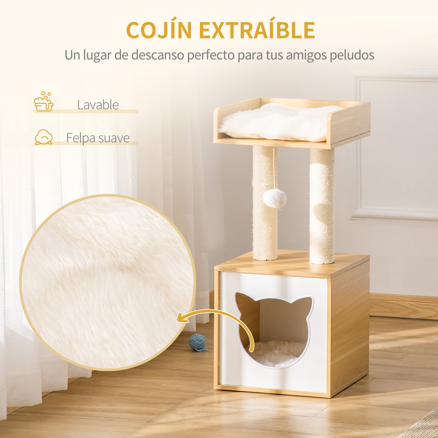 PawHut Árbol para Gatos de 2 Niveles con Cueva Cama Superior Postes Rascadores de Sisal Natural Cojines Lavables y Bola de Juguete 35x35x81 cm Roble y Blanco