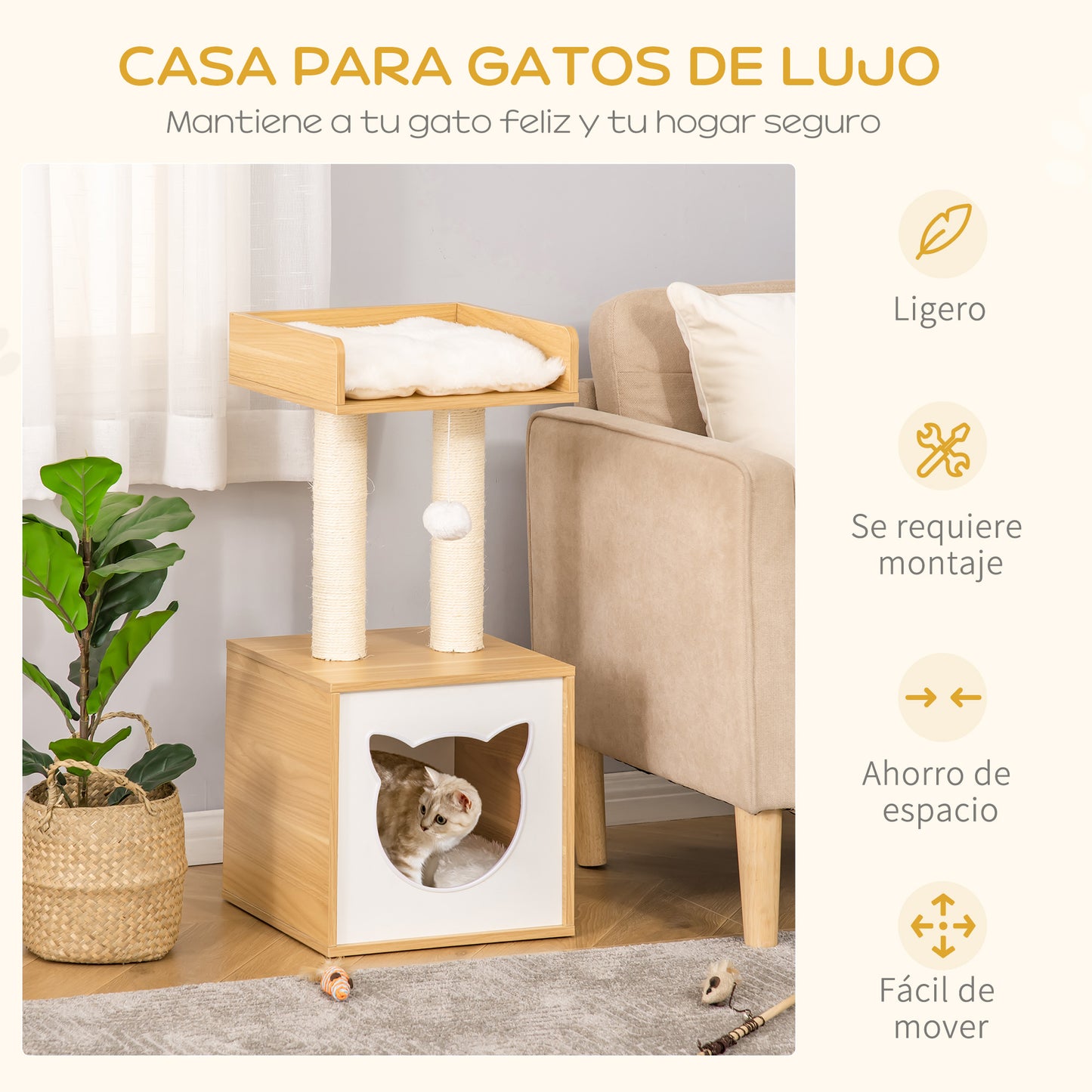 PawHut Árbol para Gatos de 2 Niveles con Cueva Cama Superior Postes Rascadores de Sisal Natural Cojines Lavables y Bola de Juguete 35x35x81 cm Roble y Blanco