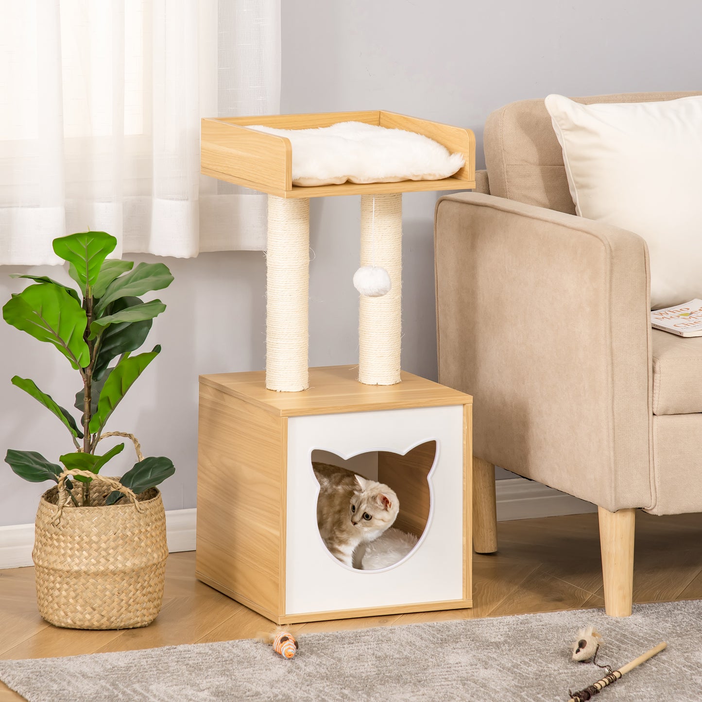 PawHut Árbol para Gatos de 2 Niveles con Cueva Cama Superior Postes Rascadores de Sisal Natural Cojines Lavables y Bola de Juguete 35x35x81 cm Roble y Blanco