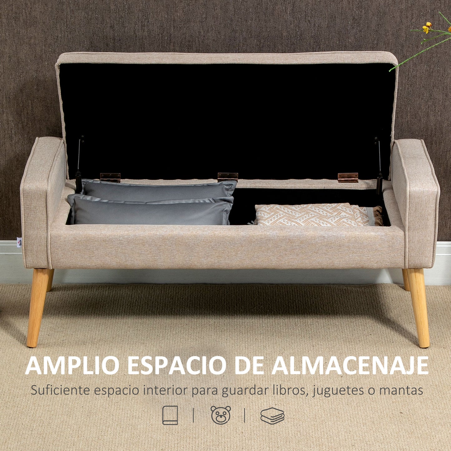 HOMCOM Banco de Almacenamiento Baúl de Almacenaje Tapizado en Lino con Tapa Abatible y Patas de Madera para Dormitorio Salón Entrada Carga 120 kg 120x45x54 cm Beige