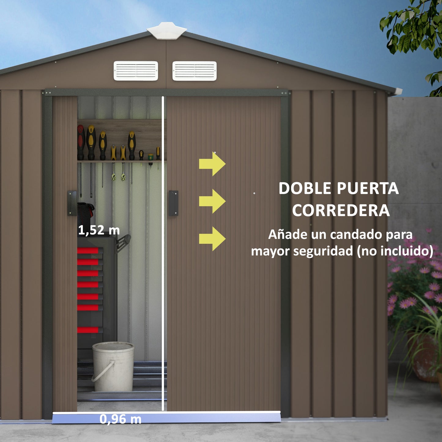 Outsunny Cobertizo de Jardín con Base 213x130x185 cm Caseta de Jardín Exterior con 2 Puertas Correderas y 4 Ventanas para Almacenamiento de Herramientas Marrón