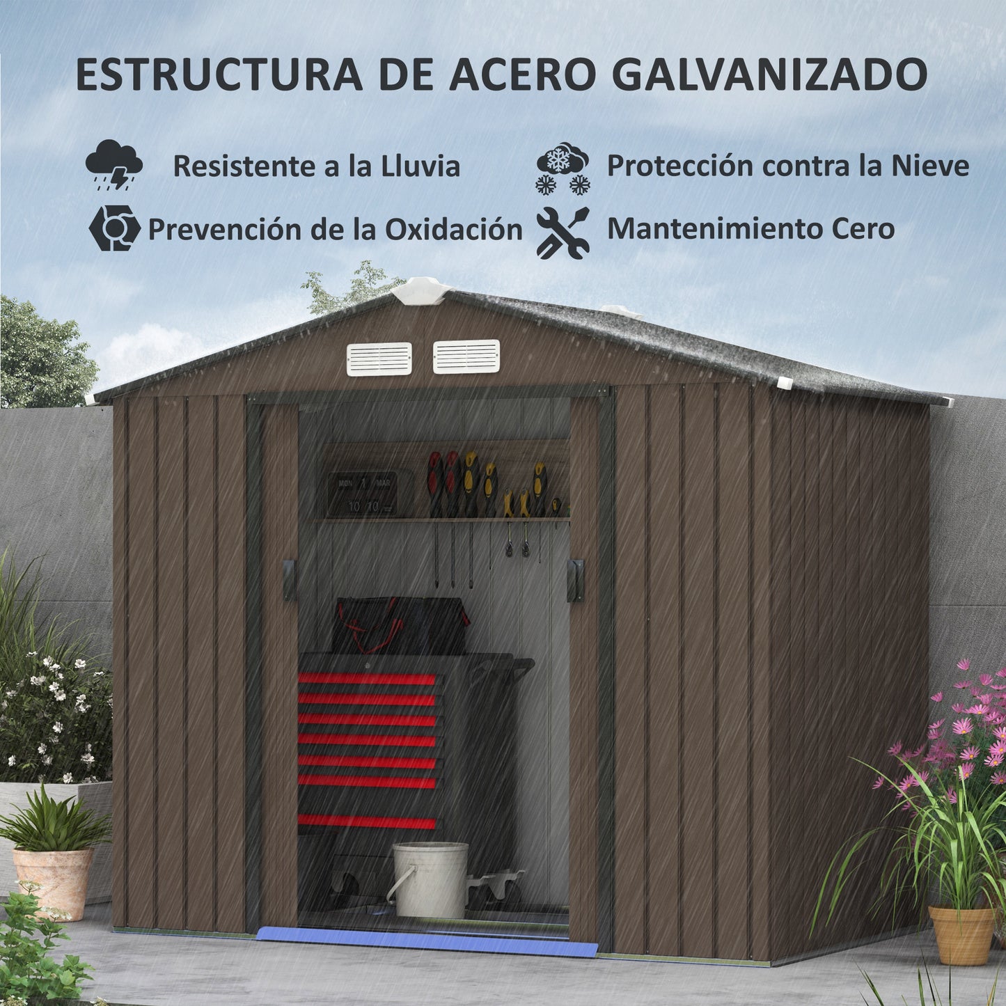 Outsunny Cobertizo de Jardín con Base 213x130x185 cm Caseta de Jardín Exterior con 2 Puertas Correderas y 4 Ventanas para Almacenamiento de Herramientas Marrón