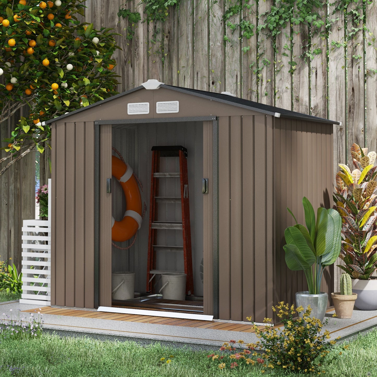 Outsunny Cobertizo de Jardín con Base 213x130x185 cm Caseta de Jardín Exterior con 2 Puertas Correderas y 4 Ventanas para Almacenamiento de Herramientas Marrón