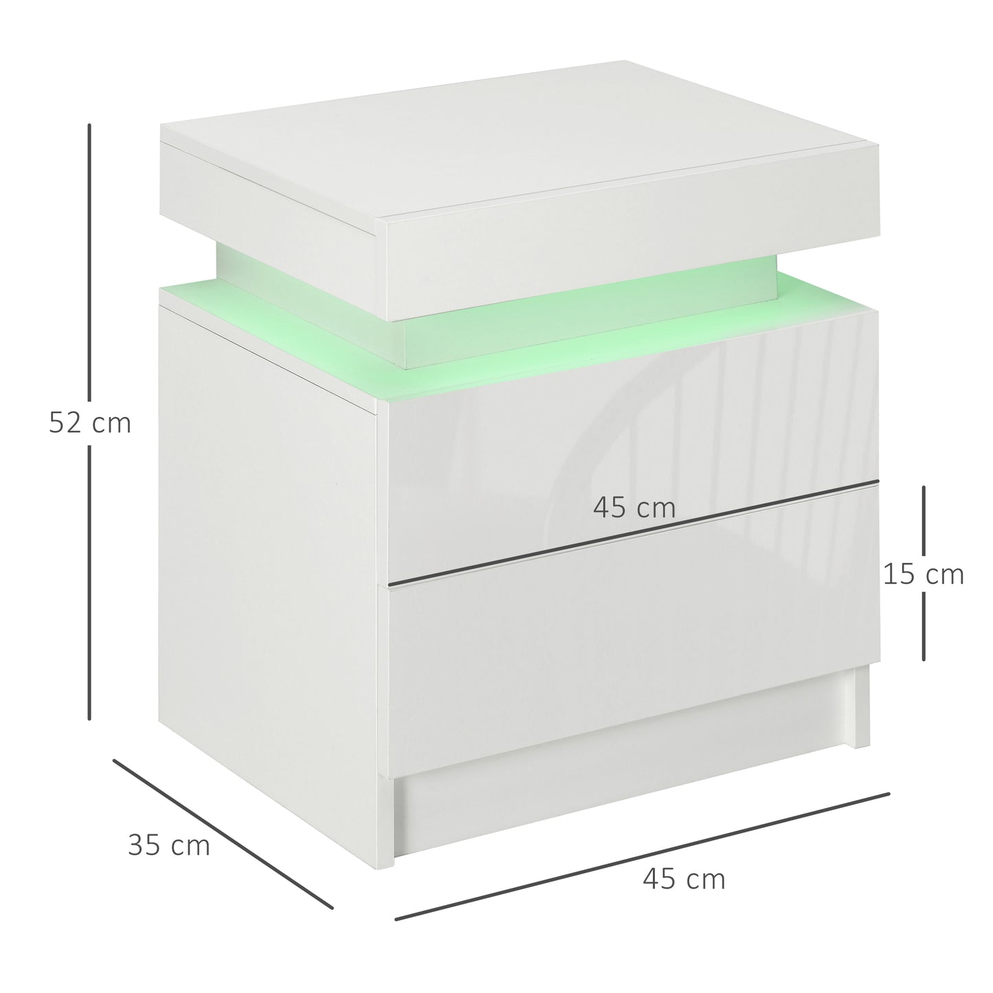 HOMCOM Mesita de Noche Blanca con Luz LED Mesilla de Noche Frontal de Alto Brillo con 2 Cajones y Mando a Distancia para Salón Dormitorio 45x35x52 cm