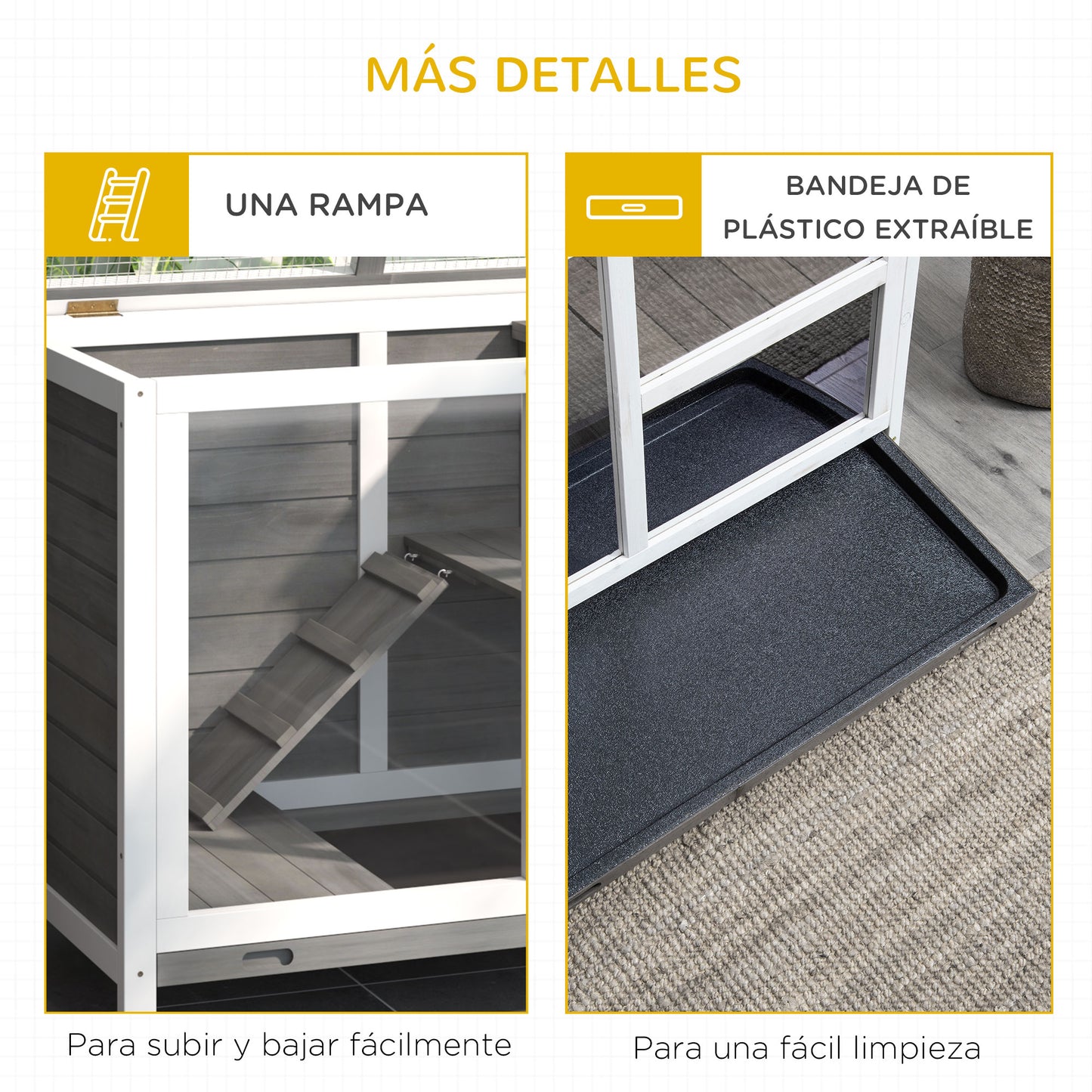 PawHut Conejera de Madera con Ruedas 91,5x53,3x73 cm Jaula para Conejos de 2 Niveles con Techo Abatible Bandeja Extraíble y Rampa Gris