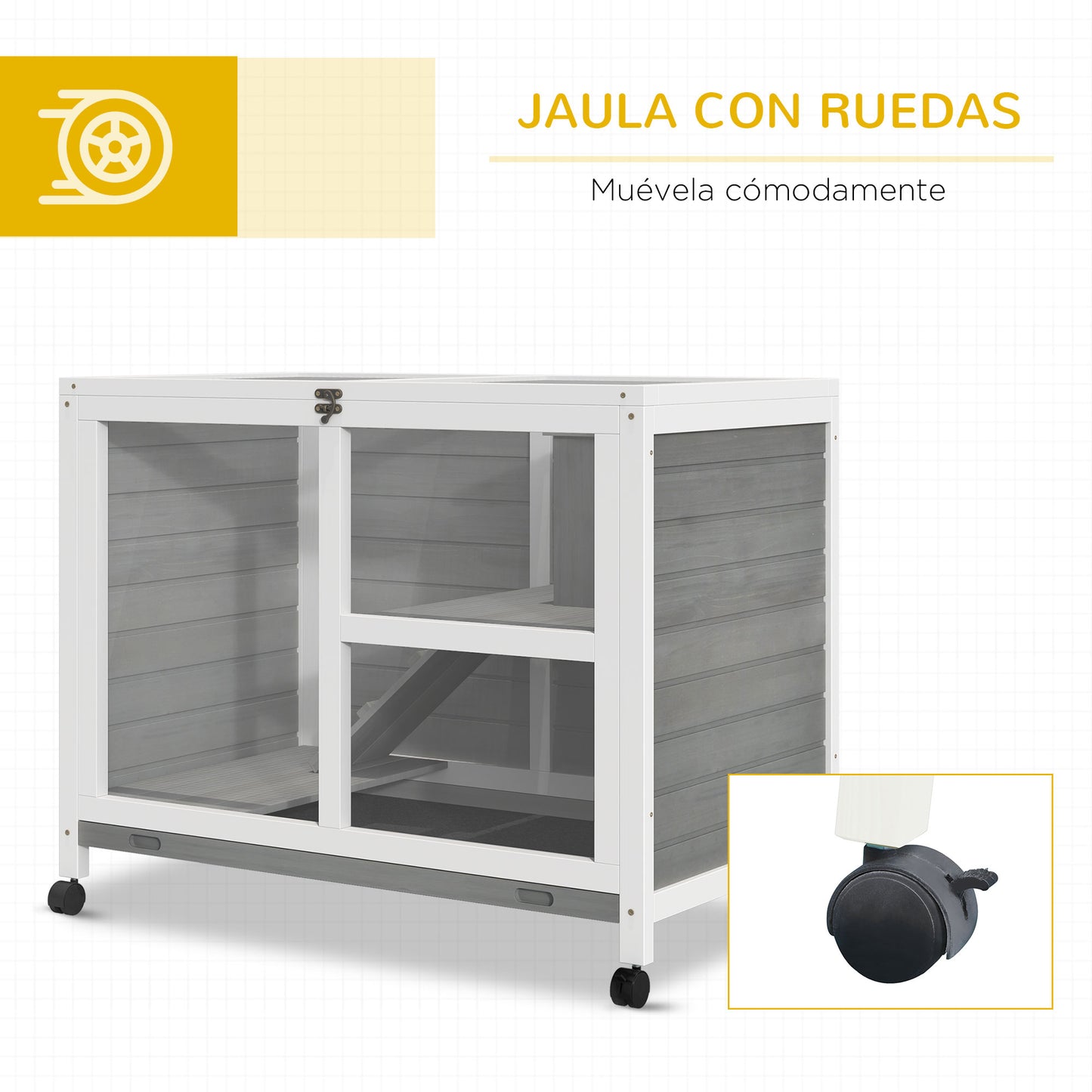 PawHut Conejera de Madera con Ruedas 91,5x53,3x73 cm Jaula para Conejos de 2 Niveles con Techo Abatible Bandeja Extraíble y Rampa Gris