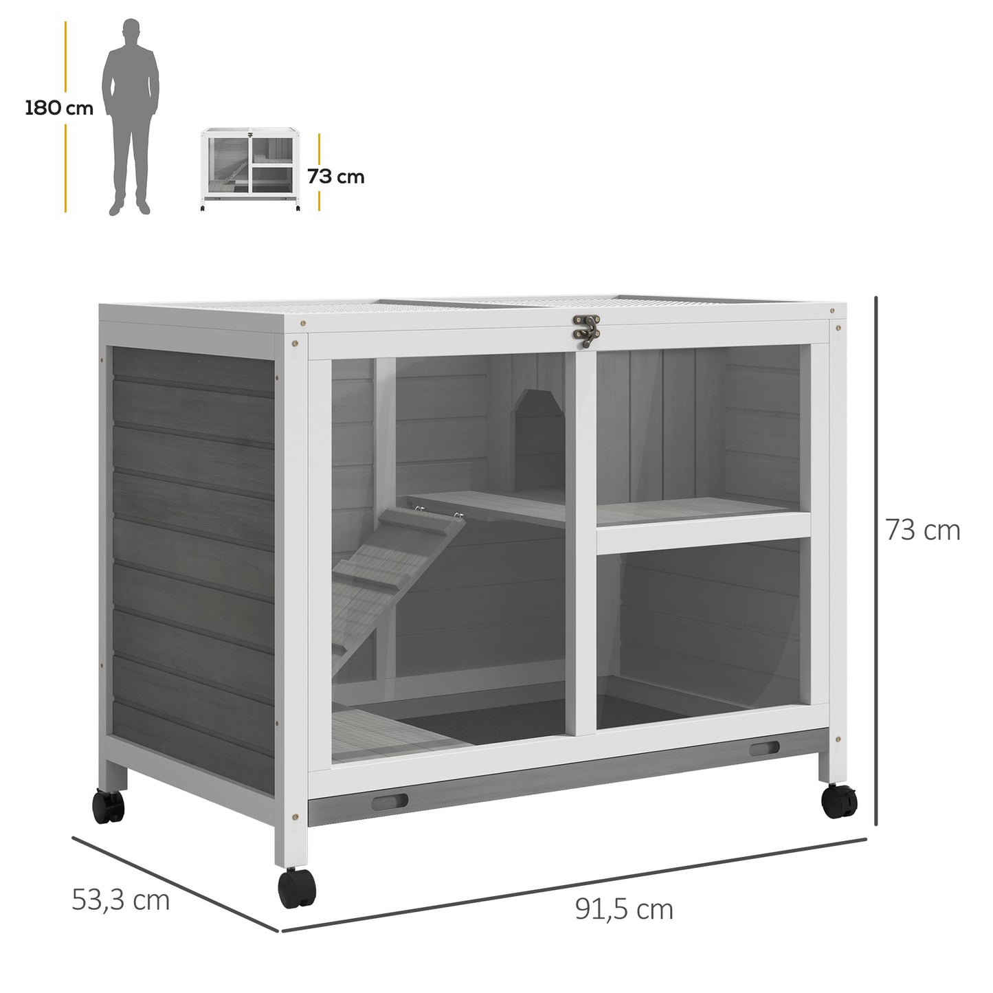 PawHut Conejera de Madera con Ruedas 91,5x53,3x73 cm Jaula para Conejos de 2 Niveles con Techo Abatible Bandeja Extraíble y Rampa Gris