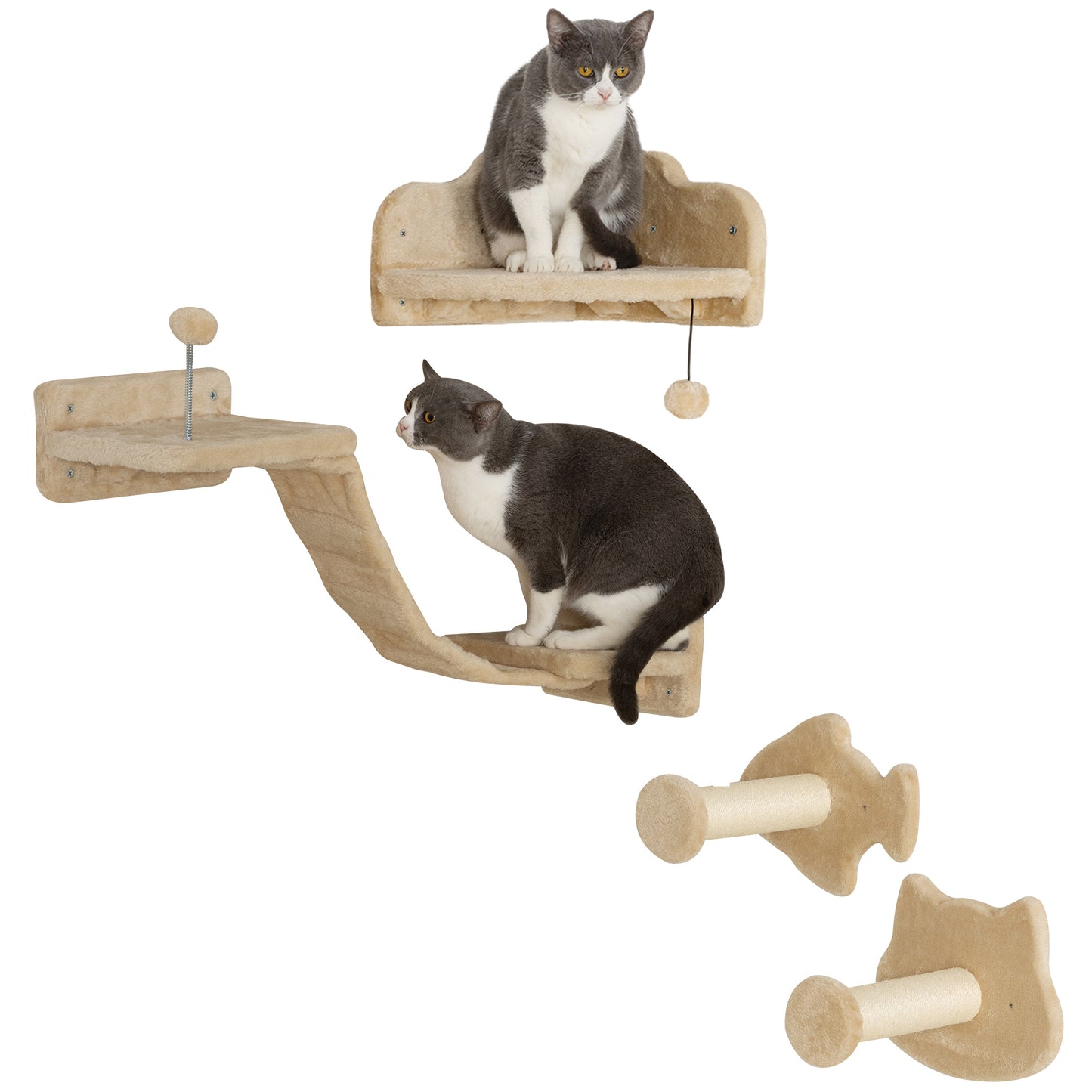 PawHut Juego de Estanterías para Gatos de 4 Piezas Rascador de Pared para Gatos con 2 Postes de Sisal Plataforma Doble con Escalera Suave y 1 Plataforma para Saltar Beige