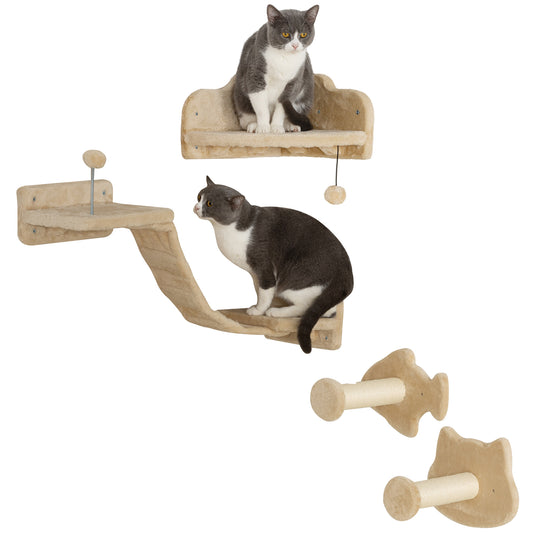 PawHut Juego de Estanterías para Gatos de 4 Piezas Rascador de Pared para Gatos con 2 Postes de Sisal Plataforma Doble con Escalera Suave y 1 Plataforma para Saltar Beige